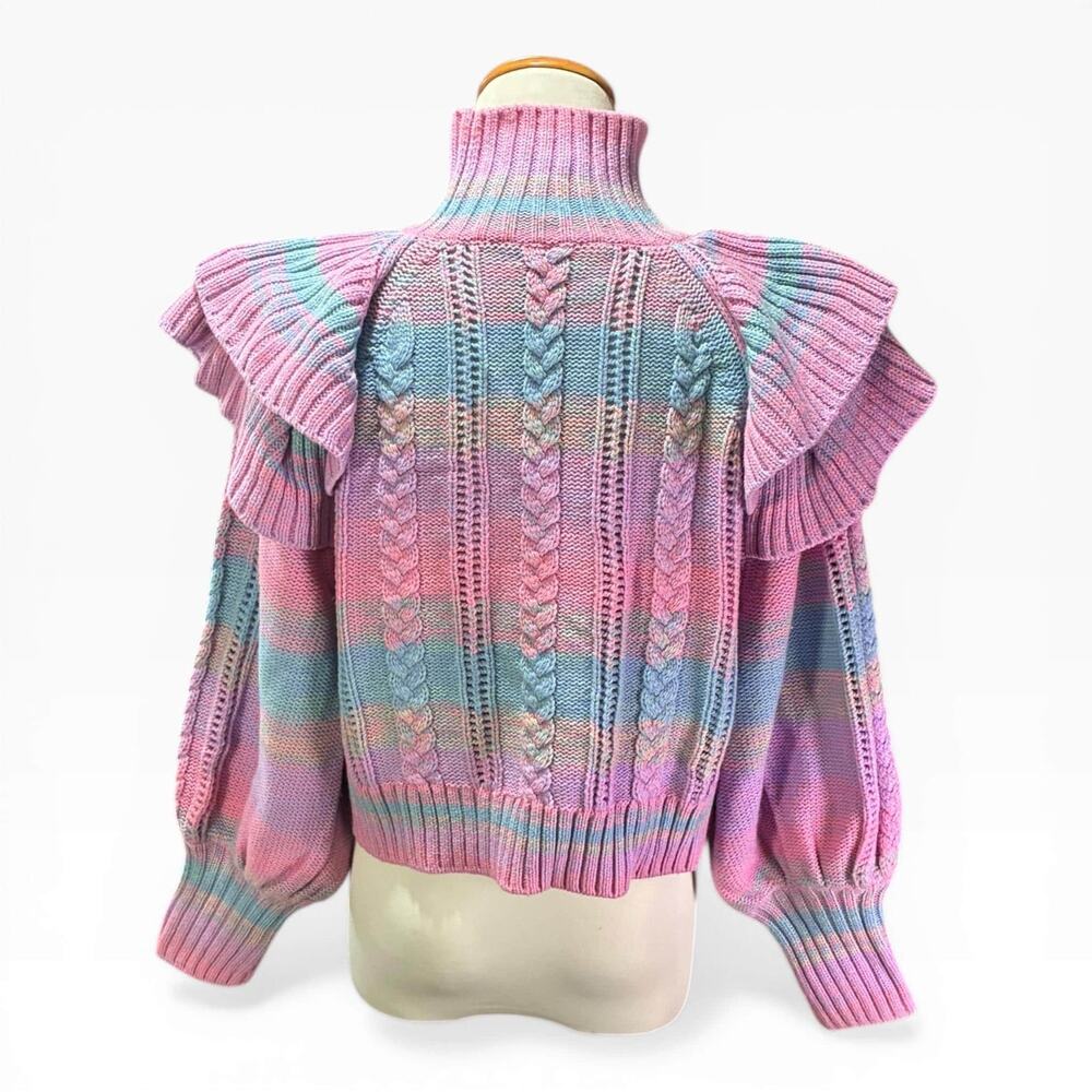 Pastel Rainbow Cable Knit Sweater XS Something Navy Ruffle Shoulder Knit Preppy - Picture 7 of 10